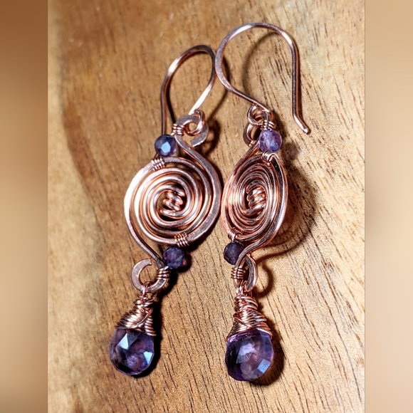 Amethyst Copper Spiral Earrings Elegant Dangle Design - Picture 6 of 13